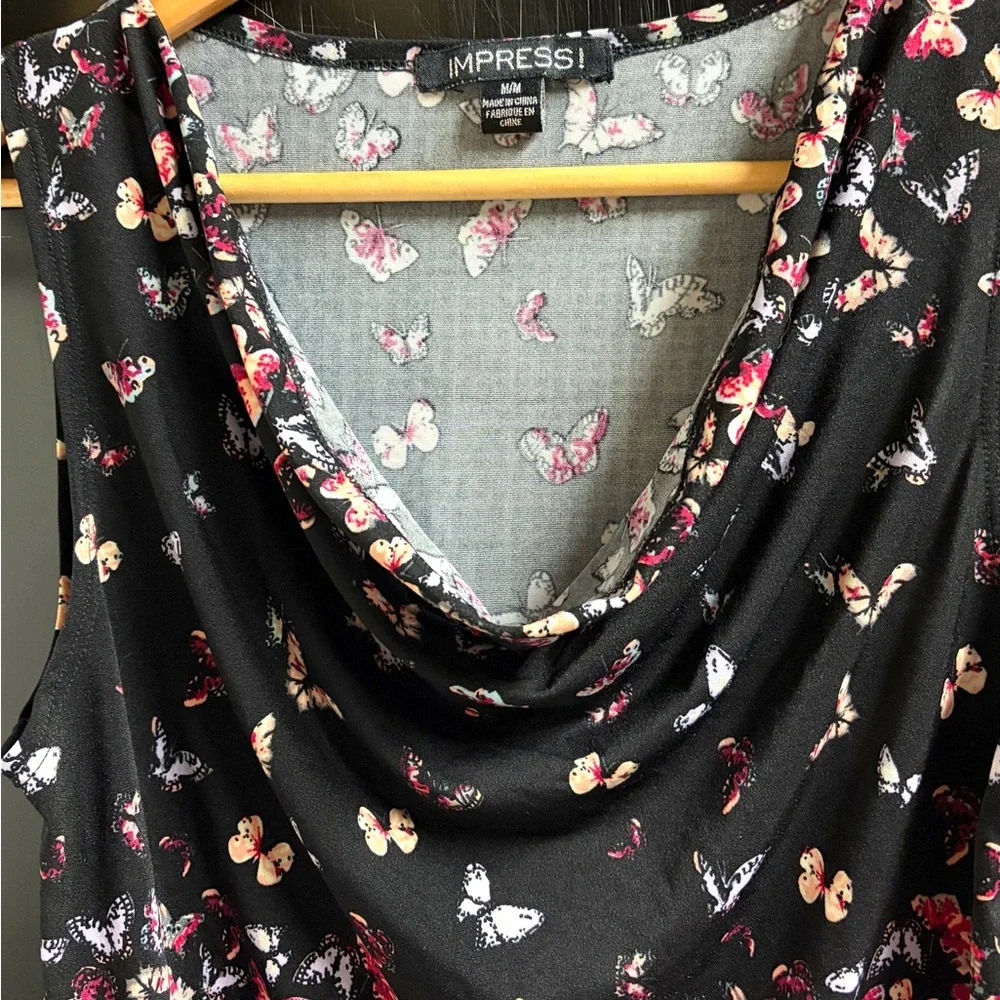 Cowl Neck Black Butterfly Sleeveless Tank - Picture 4 of 8